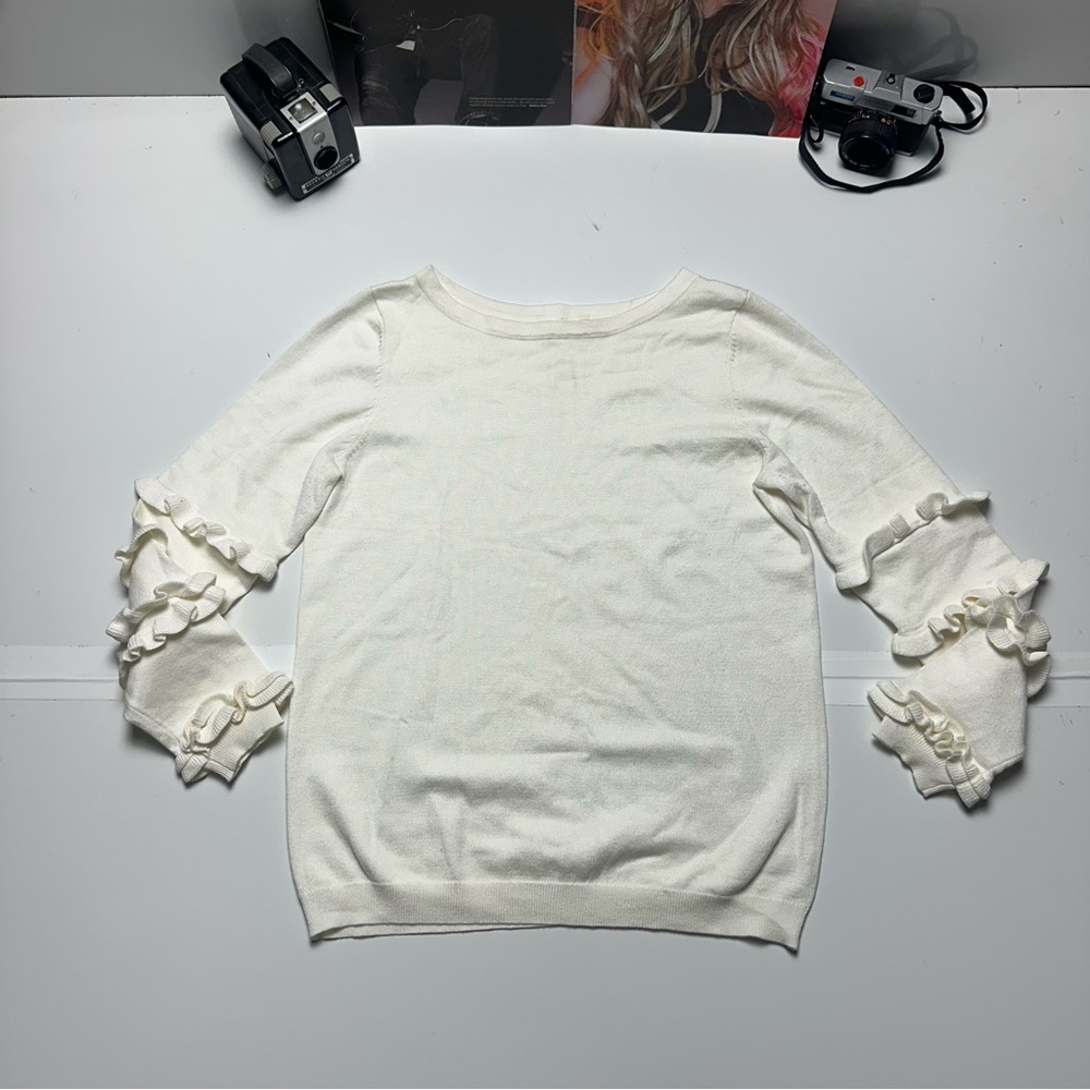 Cream Soft Feminine KnitSweaterRuffle Sleeve Lightweight Crewneck NY Collection